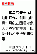 文本框: 重点提示
读者要善于运用透明操作，利用透明操作可以让图层对象达到真实的效果，但是外框不支持透明效果。
